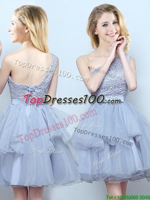 Grey A-line Organza One Shoulder Sleeveless Lace and Ruffles and Belt Mini Length Lace Up Damas Dress