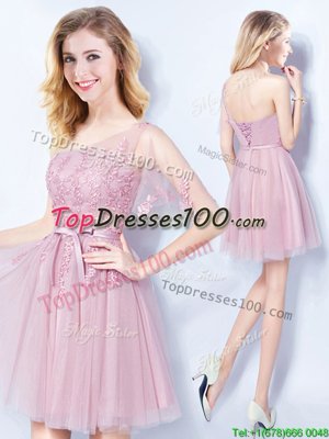 Extravagant One Shoulder Sleeveless Mini Length Appliques and Belt Lace Up Wedding Guest Dresses with Pink