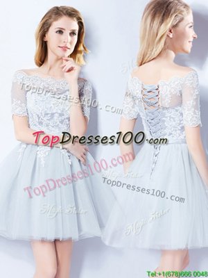 Artistic Light Blue A-line Off The Shoulder Short Sleeves Tulle Mini Length Lace Up Lace Wedding Party Dress
