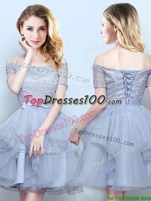 Glittering Off the Shoulder Mini Length Grey Bridesmaid Dresses Organza Short Sleeves Lace and Ruffles and Belt