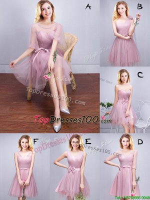 Sophisticated Scoop Pink Lace Up Wedding Guest Dresses Ruffles and Ruching and Bowknot and Hand Made Flower Sleeveless Mini Length