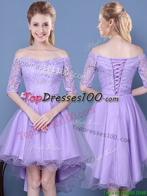 Off the Shoulder Half Sleeves Lace Up High Low Lace and Bowknot and Belt Court Dresses for Sweet 16