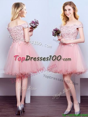 Stunning Pink Off The Shoulder Lace Up Beading and Lace Wedding Party Dress Sleeveless