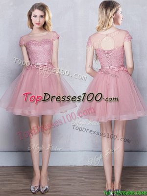 Most Popular Scoop Short Sleeves Bridesmaid Dresses Mini Length Lace and Appliques and Belt Pink Tulle