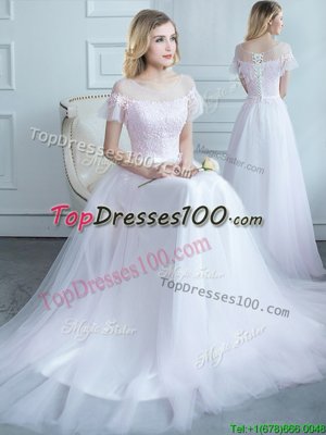 Scoop Short Sleeves Tulle Quinceanera Court of Honor Dress Lace and Belt Sweep Train Lace Up