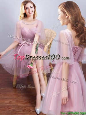 Scoop Half Sleeves Ruching and Bowknot Lace Up Quinceanera Court Dresses