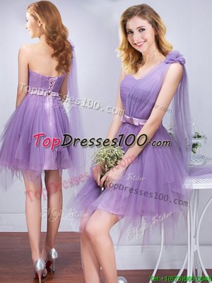 Eye-catching A-line Wedding Guest Dresses Lavender One Shoulder Tulle Sleeveless Mini Length Lace Up