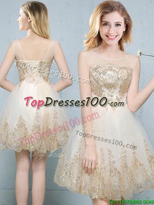 Beauteous Scoop Appliques Bridesmaid Gown Champagne Lace Up Sleeveless Mini Length