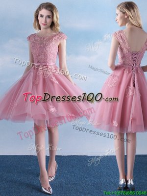 Scoop Pink Tulle Lace Up Dama Dress Cap Sleeves Knee Length Appliques and Belt