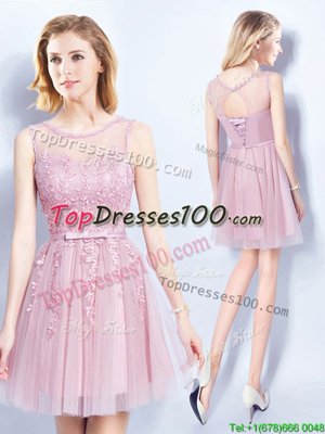 Fantastic Pink Tulle Lace Up Scoop Sleeveless Mini Length Wedding Party Dress Appliques and Belt