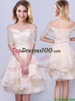 Smart Off the Shoulder Mini Length Champagne Wedding Party Dress Organza Short Sleeves Lace and Ruffles and Belt