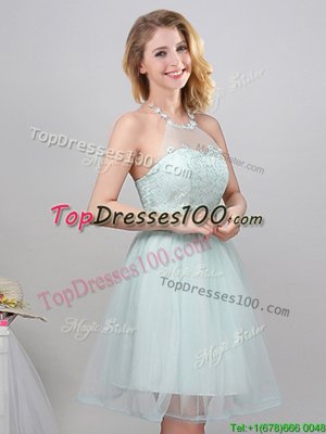 High End A-line Bridesmaid Gown Apple Green Halter Top Tulle Sleeveless Mini Length Lace Up