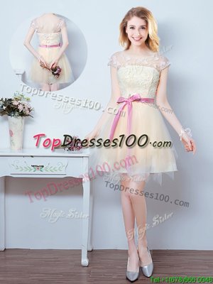 Dynamic Scoop Champagne Short Sleeves Tulle Lace Up Damas Dress for Prom and Party and Wedding Party
