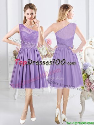 One Shoulder Knee Length A-line Sleeveless Lavender Bridesmaid Dresses Side Zipper