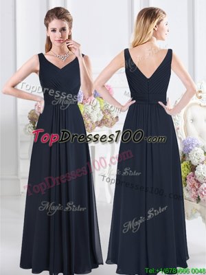 Luxury Navy Blue V-neck Neckline Ruching Wedding Guest Dresses Sleeveless Zipper