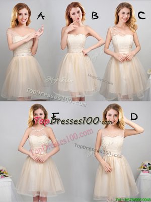 Stylish Off the Shoulder Champagne Sleeveless Mini Length Lace and Appliques and Belt Lace Up Bridesmaids Dress