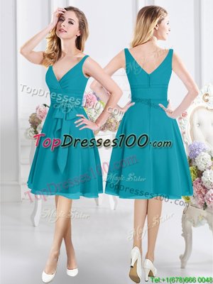 New Arrival Knee Length Teal Dama Dress for Quinceanera Chiffon Sleeveless Ruching and Belt