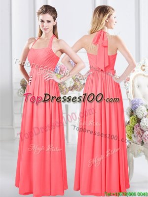 Artistic Floor Length Watermelon Red Quinceanera Court of Honor Dress Halter Top Sleeveless Zipper