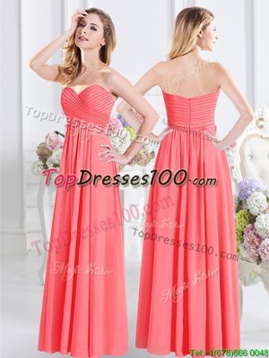 Watermelon Red Sleeveless Ruching Floor Length Bridesmaid Dress