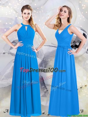 Baby Blue Chiffon Zipper Halter Top Sleeveless Floor Length Bridesmaids Dress Ruching