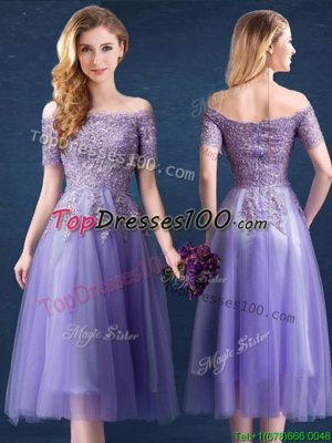 Tea Length Lavender Vestidos de Damas Off The Shoulder Short Sleeves Zipper