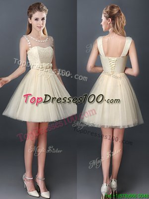 Charming Scoop Champagne A-line Lace and Hand Made Flower Bridesmaids Dress Lace Up Tulle Sleeveless Mini Length