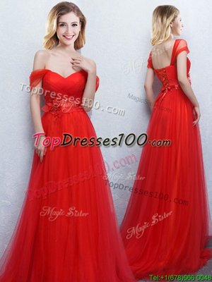 Elegant Red Empire Off The Shoulder Sleeveless Tulle With Brush Train Lace Up Appliques and Ruching Wedding Party Dress
