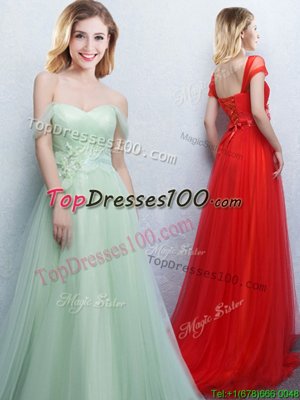 Apple Green Bridesmaid Dress Prom and Party and Wedding Party and For with Appliques and Ruching Off The Shoulder Sleeveless Brush Train Lace Up