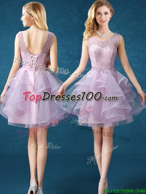 Custom Made Scoop Sleeveless Court Dresses for Sweet 16 Knee Length Lace Lavender Organza and Tulle