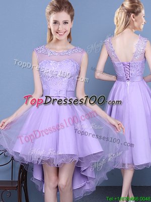 Scoop Sleeveless Organza Mini Length Lace Up Quinceanera Dama Dress in Lavender for with Lace