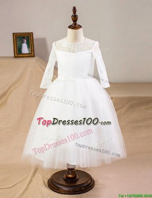 Scoop Half Sleeves Clasp Handle Flower Girl Dresses for Less White Tulle