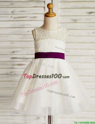 Scoop Mini Length White Flower Girl Dresses Tulle Sleeveless Lace and Bowknot