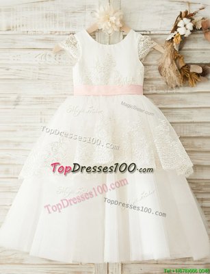 Custom Designed Scoop White Zipper Toddler Flower Girl Dress Lace and Appliques and Bowknot Cap Sleeves Floor Length