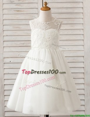 Scoop White Tulle Clasp Handle Flower Girl Dresses for Less Sleeveless Floor Length Lace