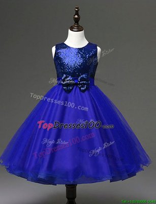 High Quality Royal Blue A-line Scoop Sleeveless Organza Ankle Length Zipper Sequins and Bowknot Toddler Flower Girl Dress