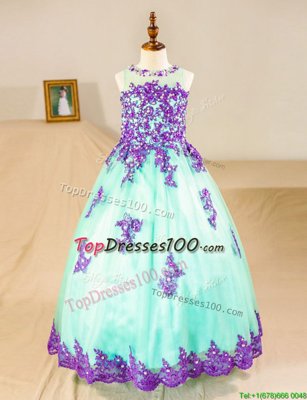 Scoop Turquoise Zipper Toddler Flower Girl Dress Beading and Lace and Appliques Sleeveless Floor Length