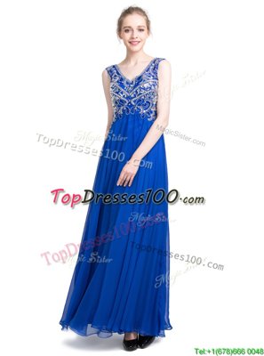 V-neck Sleeveless Dress for Prom Ankle Length Beading Royal Blue Chiffon