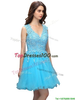 V-neck Sleeveless Backless Womens Party Dresses Baby Blue Organza