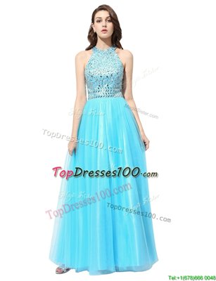 Scoop Aqua Blue Zipper Prom Party Dress Beading Sleeveless Floor Length