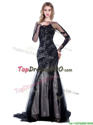 Cute Mermaid Black Tulle Zipper Prom Dress Long Sleeves With Train Court Train Lace