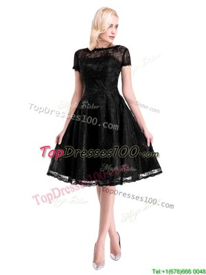 Simple A-line Club Wear Black Bateau Lace Short Sleeves Knee Length Zipper