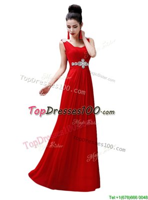 Sleeveless Floor Length Beading Zipper Prom Evening Gown with Red