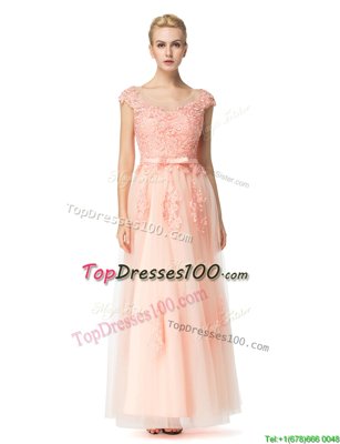 Scoop Cap Sleeves Floor Length Lace Zipper with Peach