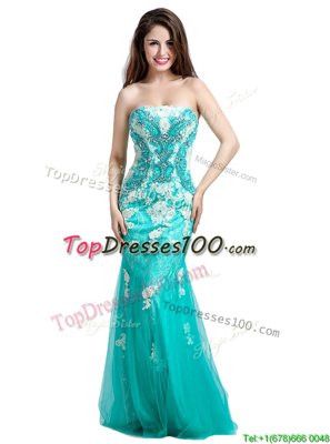 Beautiful Turquoise Mermaid Beading and Appliques Prom Dress Zipper Tulle Sleeveless Floor Length