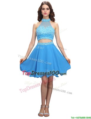 Blue Zipper High-neck Beading Cocktail Dresses Chiffon Sleeveless