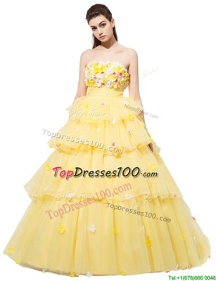 Fabulous Yellow Sleeveless Ruffled Layers and Hand Made Flower With Train Evening Gowns