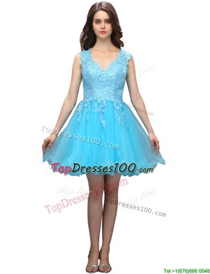 Trendy Appliques Party Dress for Toddlers Aqua Blue Backless Sleeveless Mini Length