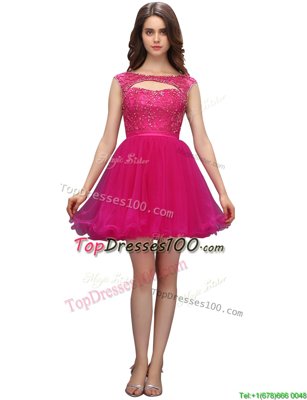 Fuchsia Bateau Neckline Beading Womens Party Dresses Sleeveless Zipper