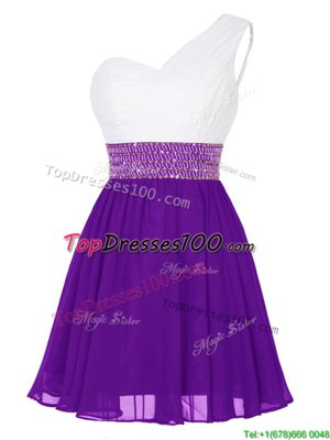 One Shoulder White And Purple Empire Beading Cocktail Dress Zipper Chiffon Sleeveless Mini Length