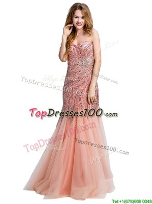 Most Popular Mermaid One Shoulder Peach Sleeveless Tulle Side Zipper Dress for Prom for Prom and Party